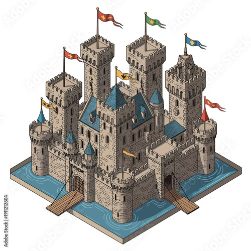 Magnificent Medieval Castle Illustration with Flags and Moat.