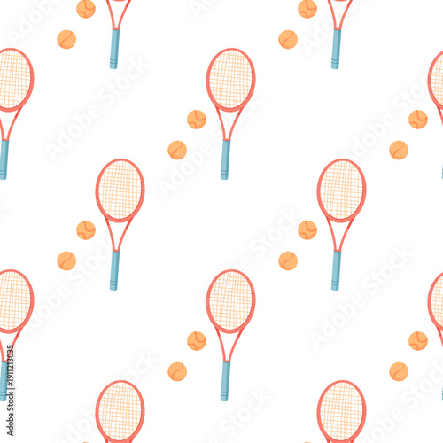 Colorful seamless pattern with tennis rackets and balls. Flat design celebrating equipment and activity of the sport. Perfect for texture, fitness decor, workout wallpaper, or gym fabric concepts.
