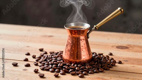 a polished copper turk filled with boiling coffee, coffee beans scattered around