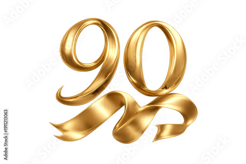 Gold number 90 with ribbon for anniversary celebration