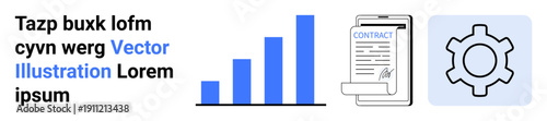 Bar graph with increasing bars, signed contract document, and gear icon. Ideal for analytics, business strategy, contract, agreement, process design, data-driven decisions simple landing page
