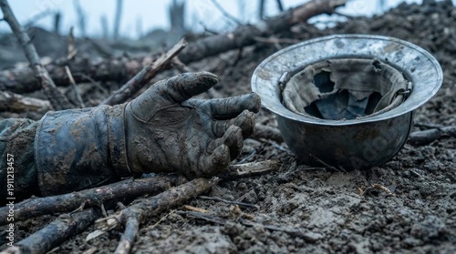 Mud-caked soldier's hand and helmet on battlefield