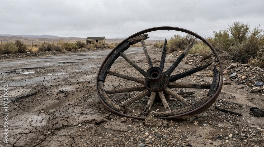 Fototapeta premium Old broken wooden wagon wheel in desolate landscape