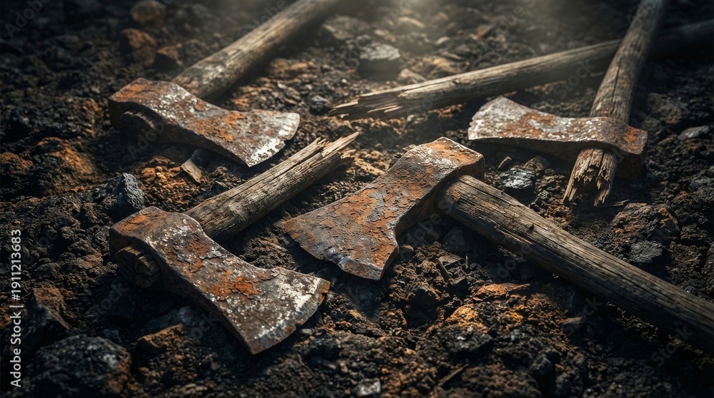 Fototapeta premium Old Rusty Axes Scattered on the Ground
