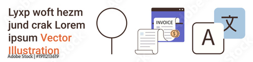 Finance, digital tools, localization, invoice management, communication, data processing. Includes invoice page, receipt language translation symbol and magnifying element. Finance and digital