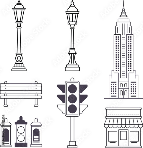 Urban street furniture vector collection, lamp post traffic light bench skyscraper building hydrant storefront illustration isolated modern city elements set