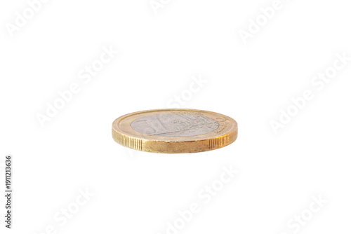 1 euro coin lying flat with the reverse side or tails view showing the face value with the European map design and edge detail, isolated on a transparent background.