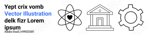 Heart inside atom, classical bank building, gear outline. Ideal for education, technology, innovation, government, research, engineering simple landing page