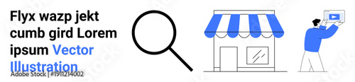Magnifying glass, storefront with blue awning, and person using tablet highlight e-commerce, retail, search, marketing, digital tools, analytics, and simple landing page