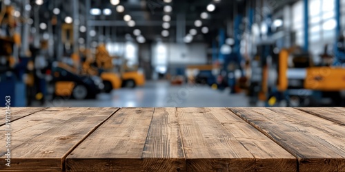 Inviting wooden table set against a vibrant auto repair shop backdrop