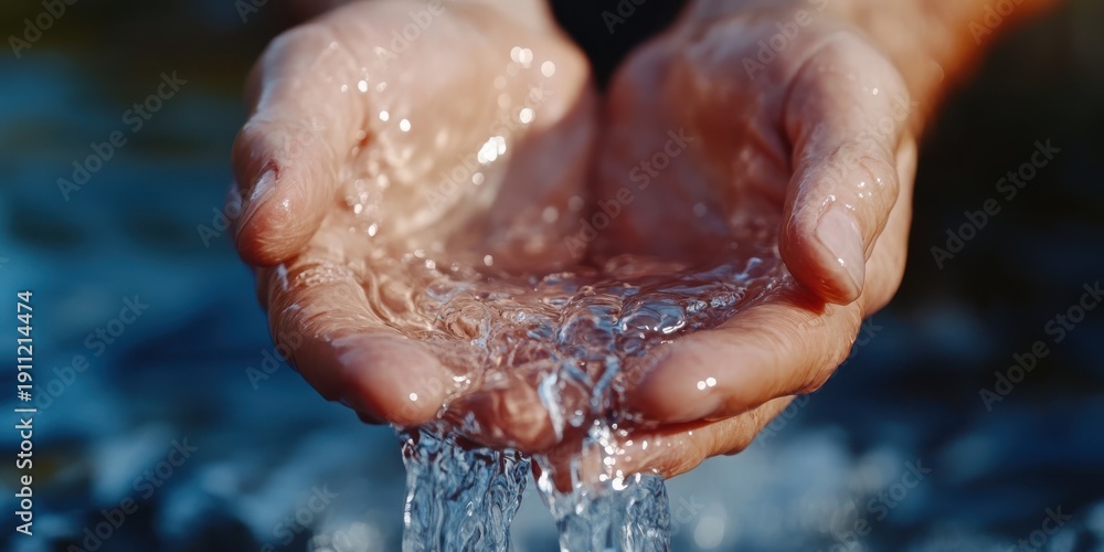 Fototapeta premium Fresh water flows through hands, highlighting the significance of preservation