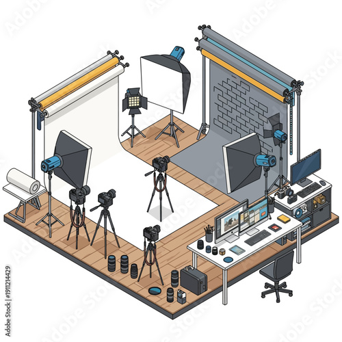 Professional Photography Studio Setup with Cameras and Lighting Equipment.