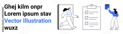 Business organization, task management, digital planning, productivity, online engagement, workflow optimization. Woman stepping out of a phone, clipboard with checklist document interaction. Task