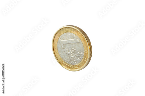 Upright tilted view of the reverse or tails side of a 1 euro coin. Features the face value, European map, twelve stars and distinct bimetallic edge texture. Isolated on a blank background.