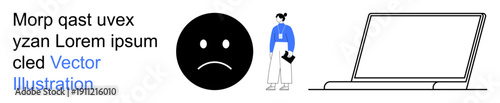 Digital communication, sadness, technology issues, remote work, mental health, human interaction. Sad face symbol, person holding a clipboard and a laptop outline. Digital communication and sadness