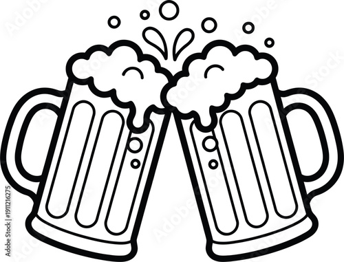 Two beer mugs clinking together with foam splash, cheers toast celebration line art, oktoberfest pub bar vector illustration black and white