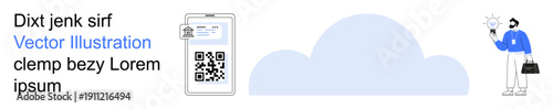 Cloud storage, digital access, QR code scanning, remote work, technology services, secure data. A QR code on a clipboard and a professional holding a cloud icon. Cloud storage and QR code scanning