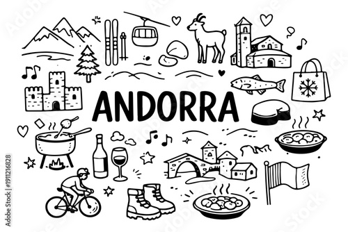 Andorra travel doodle set. Hand drawn Pyrenees landmarks and ski symbols sketch illustration.