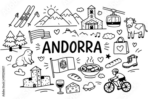 Andorra travel doodle set. Hand drawn Pyrenees landmarks and ski symbols sketch illustration.