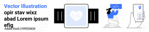 Fitness technology, health monitoring, app development, location tracking, programming, smart devices. Smartwatch with a heart icon, developer coding and GPS tracking on smartphone. Fitness