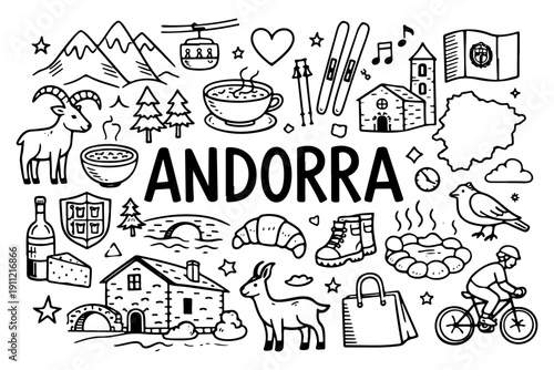 Andorra travel doodle set. Hand drawn Pyrenees landmarks and ski symbols sketch illustration.