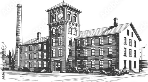 Vintage industrial factory building illustration, historic brick warehouse architecture with chimney clock tower urban manufacturing landmark retro engraved style artwork
