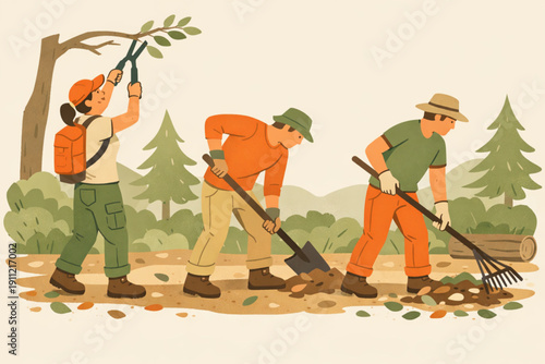 Three men working together in a forest clearing, using gardening tools to maintain the landscape.