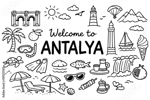 Antalya travel doodle set. Hand drawn Turkey landmarks and summer symbols sketch illustration.