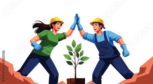 Two people in workwear giving high five next to a small tree.