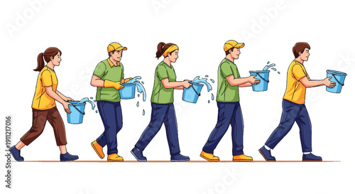 A line of people carrying buckets of water illustrating a chain of effort and teamwork.