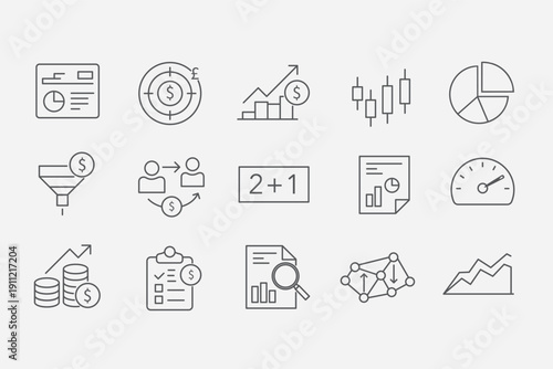 Minimalist linear icon set about investments, finance and data analytics, including charts, KPIs, conversion funnel, reports, growth metrics and financial indicators.