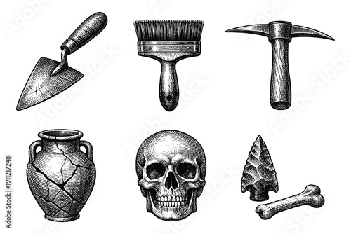 Archaeology tools set. Hand drawn vintage skull and ancient artifacts sketch illustration.
