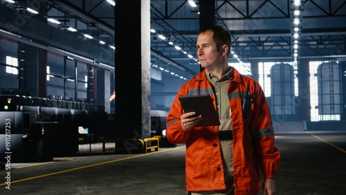 Φωτογραφία Inspector oversees machinery operation in a warehouse using tablet to coordinate production, showing strong manpower, engineering discipline and industrial performance