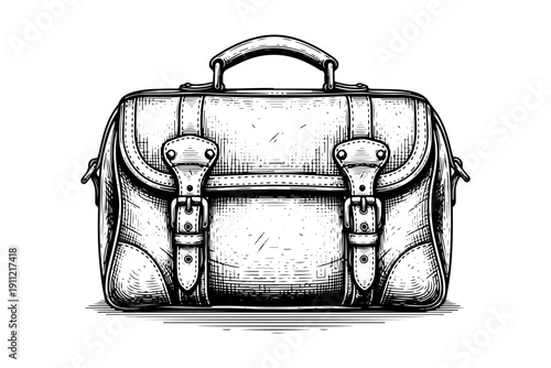 Leather bag engraving. Hand drawn vintage travel satchel sketch illustration.