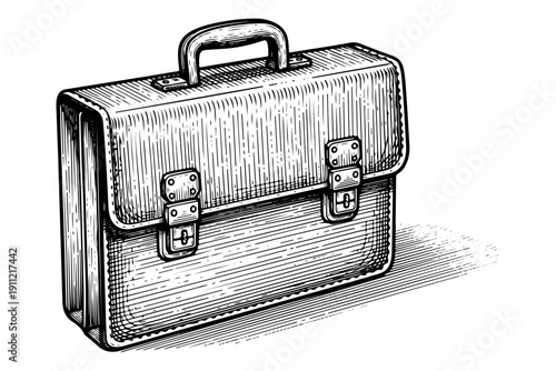 Leather briefcase engraving. Hand drawn vintage business bag sketch illustration.