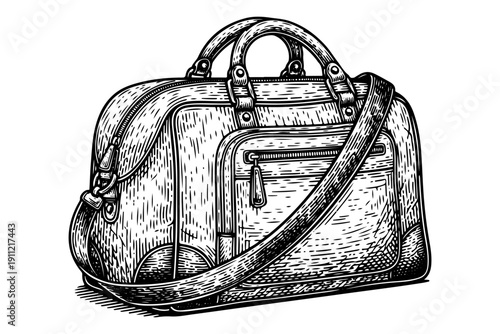 Leather bag engraving. Hand drawn vintage travel satchel sketch illustration.