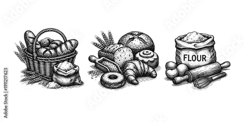 Bakery products engraving. Hand drawn vintage bread and pastry sketch illustration.