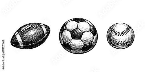 Vintage sports balls engraving set, retro athletic equipment and game ball sketches in woodcut style