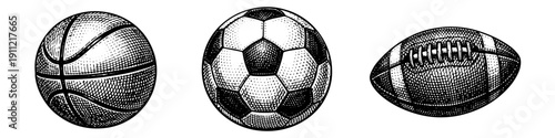 Vintage sports balls engraving set, retro athletic equipment and game ball sketches in woodcut style