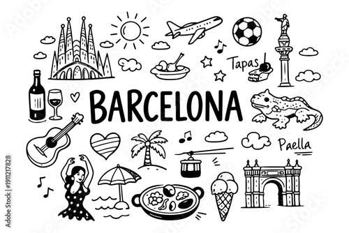 Barcelona travel doodle set, hand drawn Spanish city symbols and landmarks in line art style