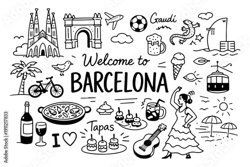 Barcelona travel doodle set, hand drawn Spanish city symbols and landmarks in line art style