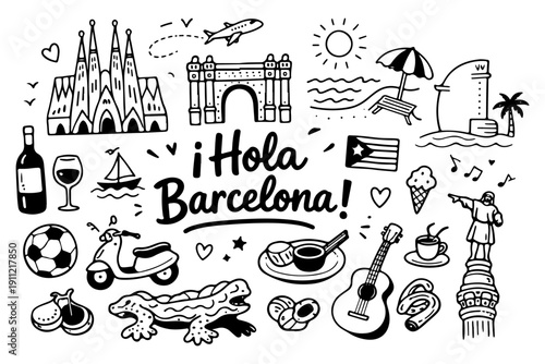 Barcelona travel doodle set, hand drawn Spanish city symbols and landmarks in line art style