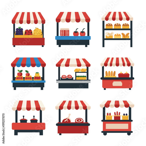 Set of nine colorful market stalls displaying various food items.