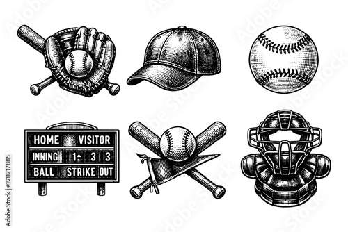 Vintage baseball engraving set, antique sports equipment, bat, glove and ball sketches in woodcut style