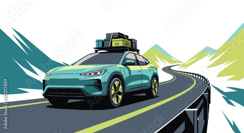 Modern Electric SUV with Roof Rack Traveling on a Winding Mountain Road.