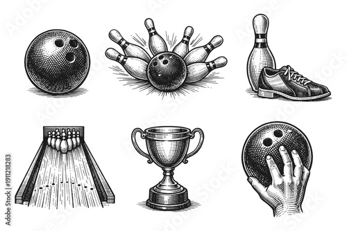 Vintage bowling engraving set, retro sport competition sketches in woodcut style isolated on white