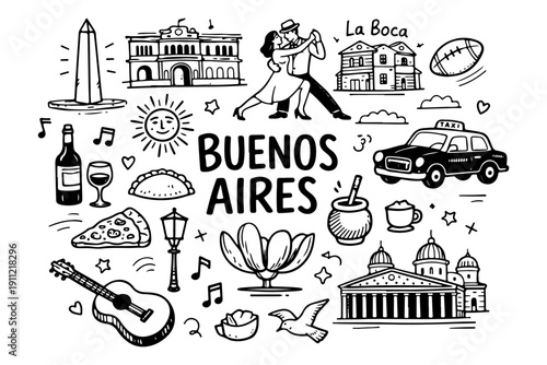 Buenos Aires travel doodle set, hand drawn Argentina city symbols and landmarks in line art style