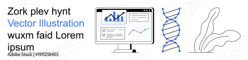 Data analysis, genetics, bioinformatics, technology insights, business, scientific research. Computer screen displaying charts, DNA helix and leaf illustration. Data analysis and genetics