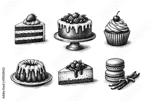 Vintage desserts engraving set, retro bakery collection with cakes, cupcakes and sweet pastries in woodcut style