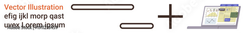 Data analysis, communication, education, technology, digital productivity, teamwork. Horizontal lines and a plus symbol next to a laptop with charts. Data analysis and communication concept
